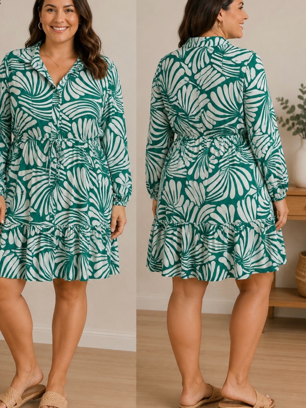 Green Leaf-Print Long Sleeve Tiered Dress - Brand: